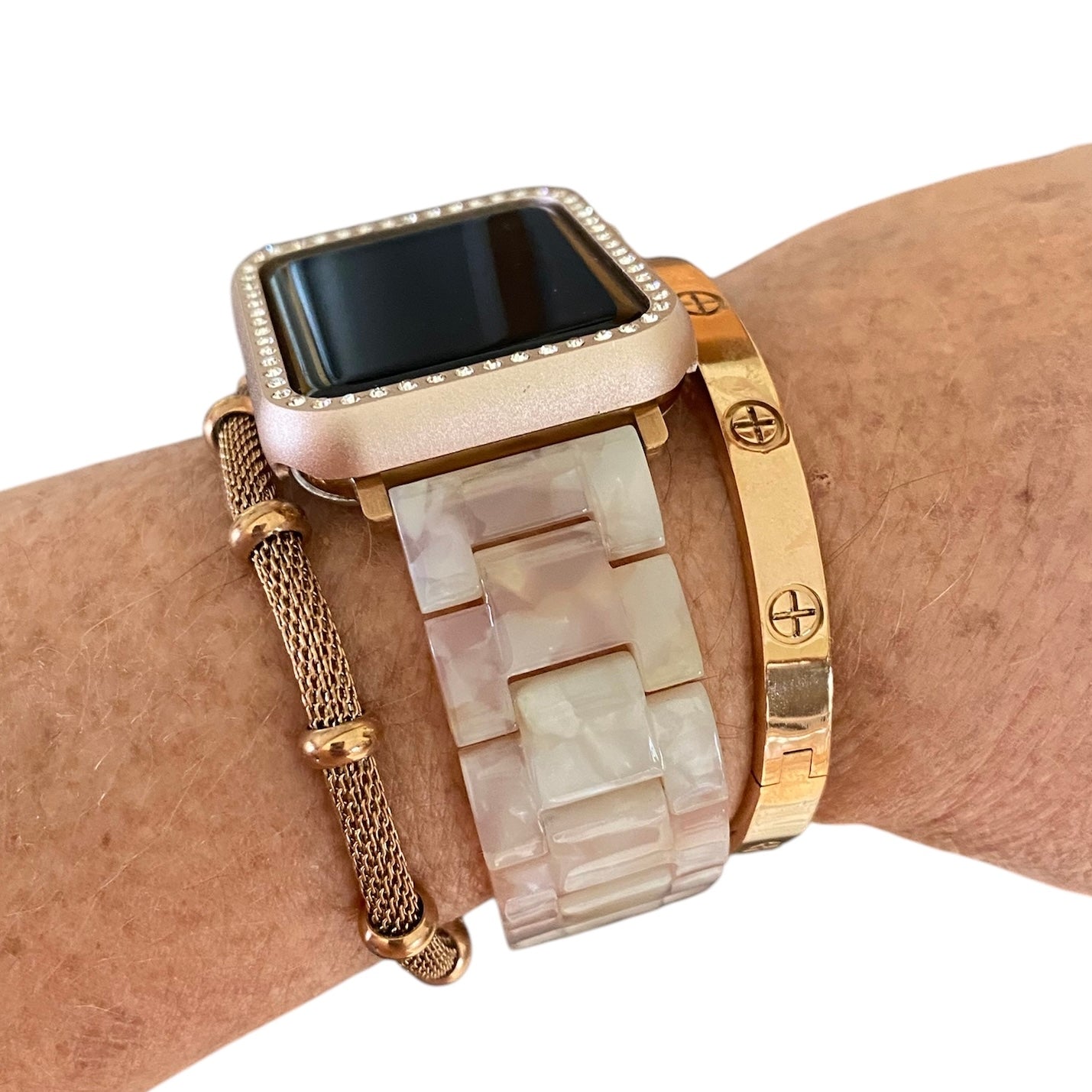 Stackable Resin Apple Watch Band with Bracelets – Silver, Gold, Rose Gold Options - D