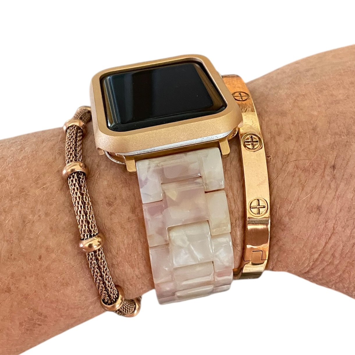 Stackable Resin Apple Watch Band with Bracelets – Silver, Gold, Rose Gold Options - D
