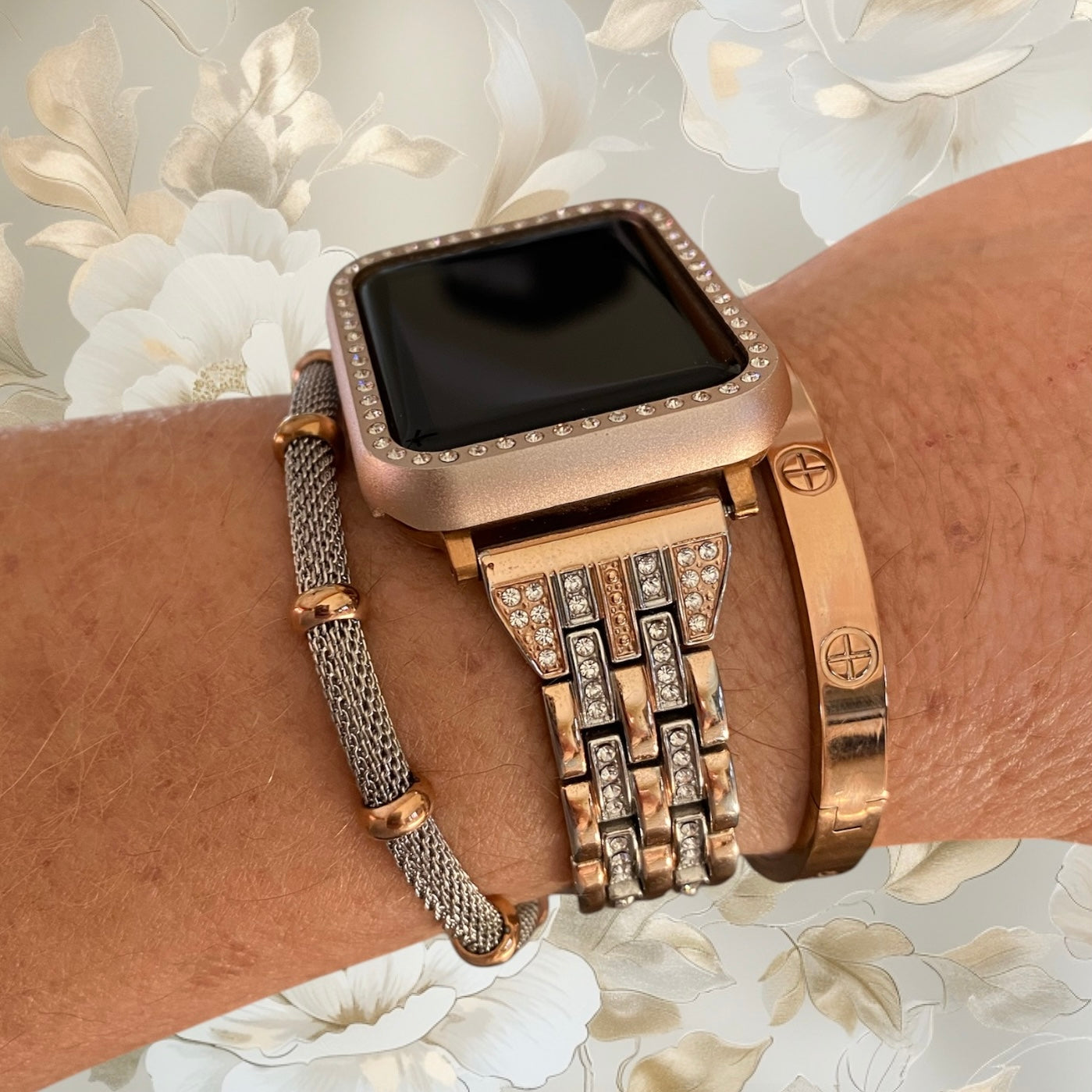 Stackable Rose Gold-Silver Bling Apple Watch Band With Silver-Rose Gold Bracelet