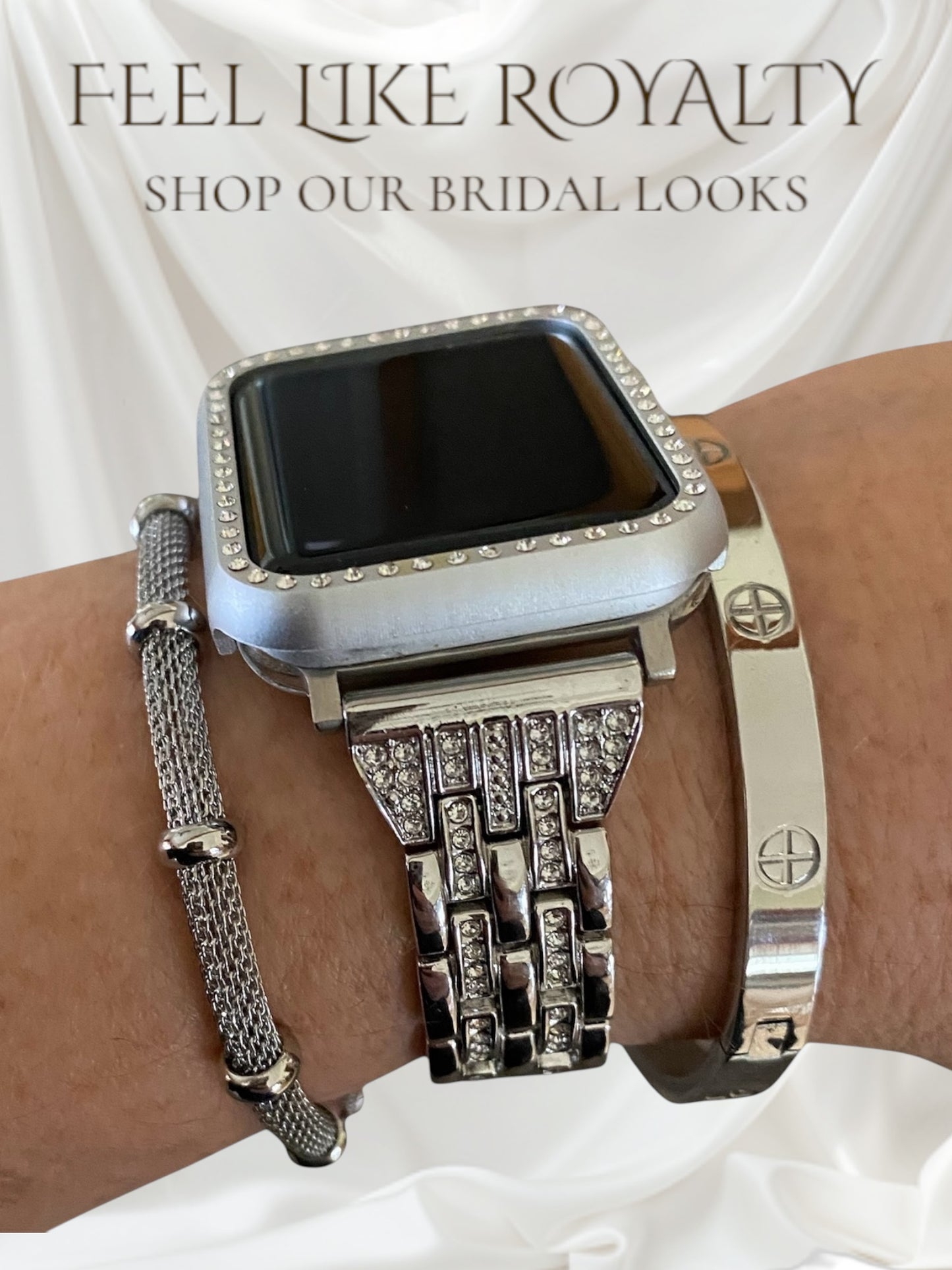 Stackable Silver Bling Stainless Apple Watch Bands With Silver Bracelets