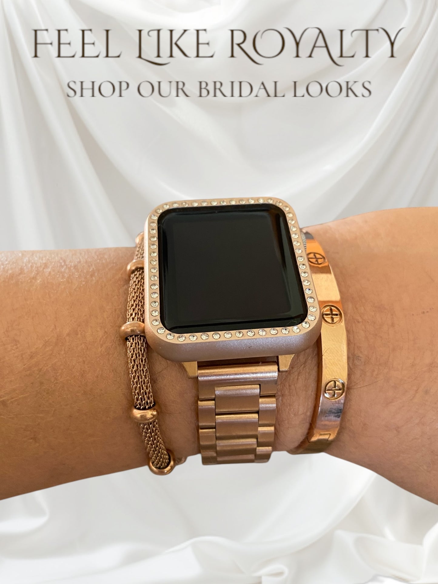 Stackable Rose Gold Stainless Apple Watch Bands With Rose Gold Bracelets