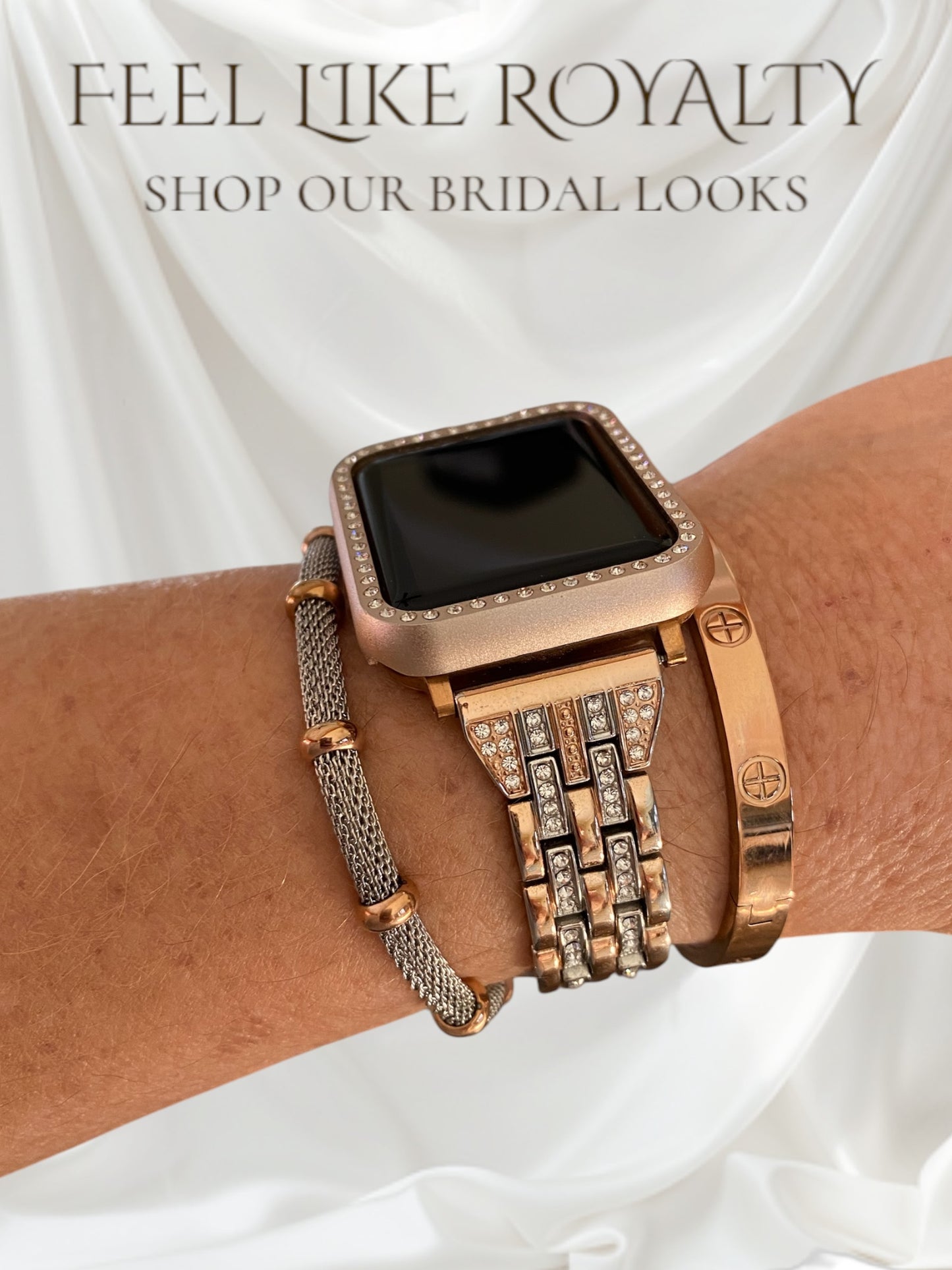 Stackable Rose Gold-Silver Bling Apple Watch Band With Silver-Rose Gold Bracelet