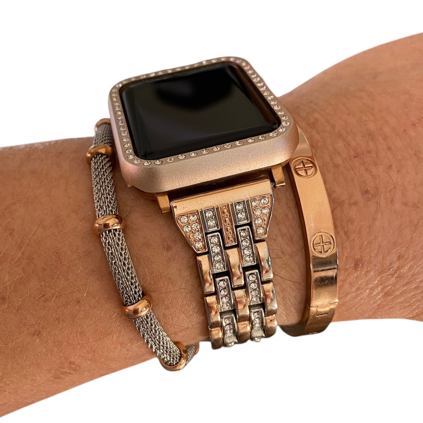 Stackable Rose Gold-Silver Bling Apple Watch Band With Silver-Rose Gold Bracelet