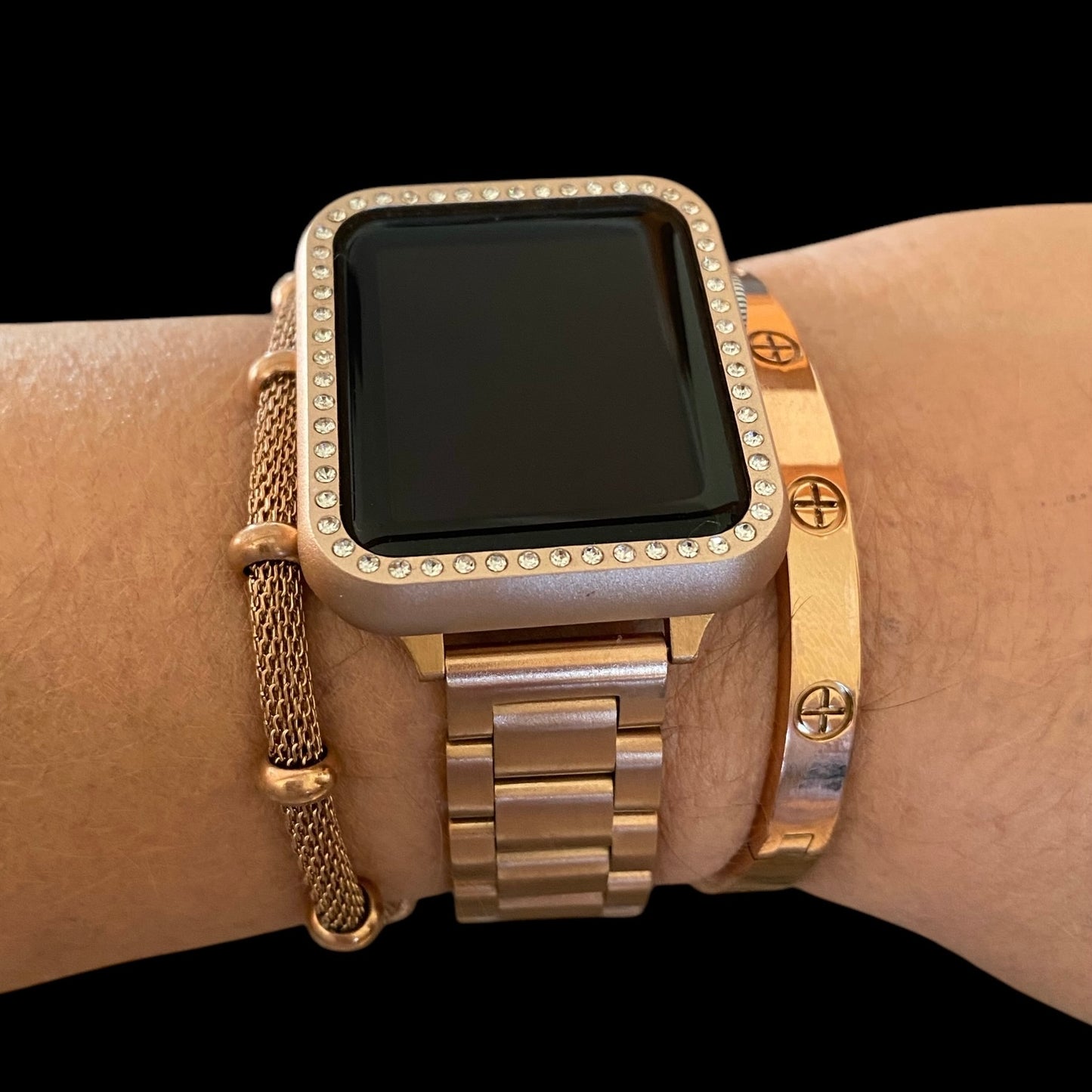 Stackable Rose Gold Stainless Apple Watch Bands With Rose Gold Bracelets