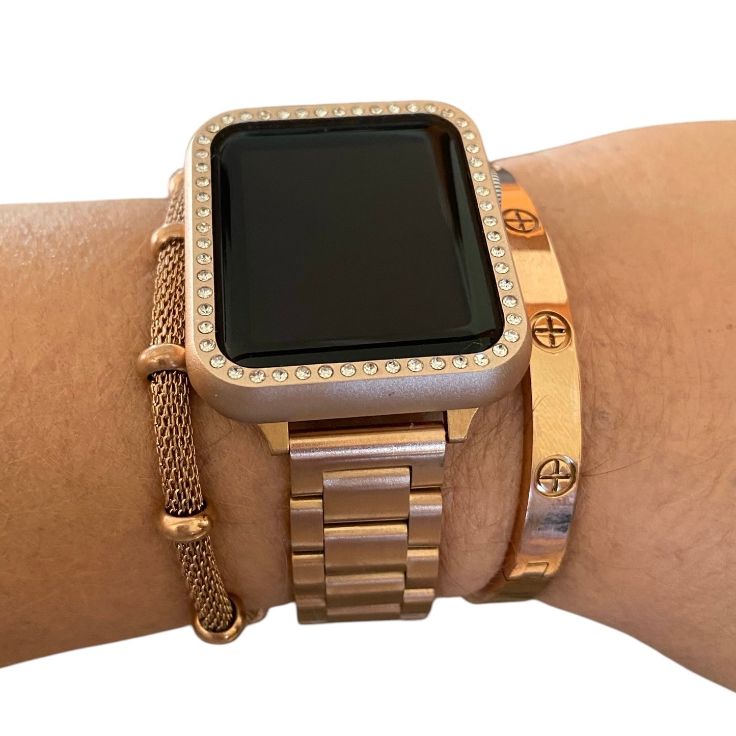 Stackable Rose Gold Stainless Apple Watch Bands With Rose Gold Bracelets