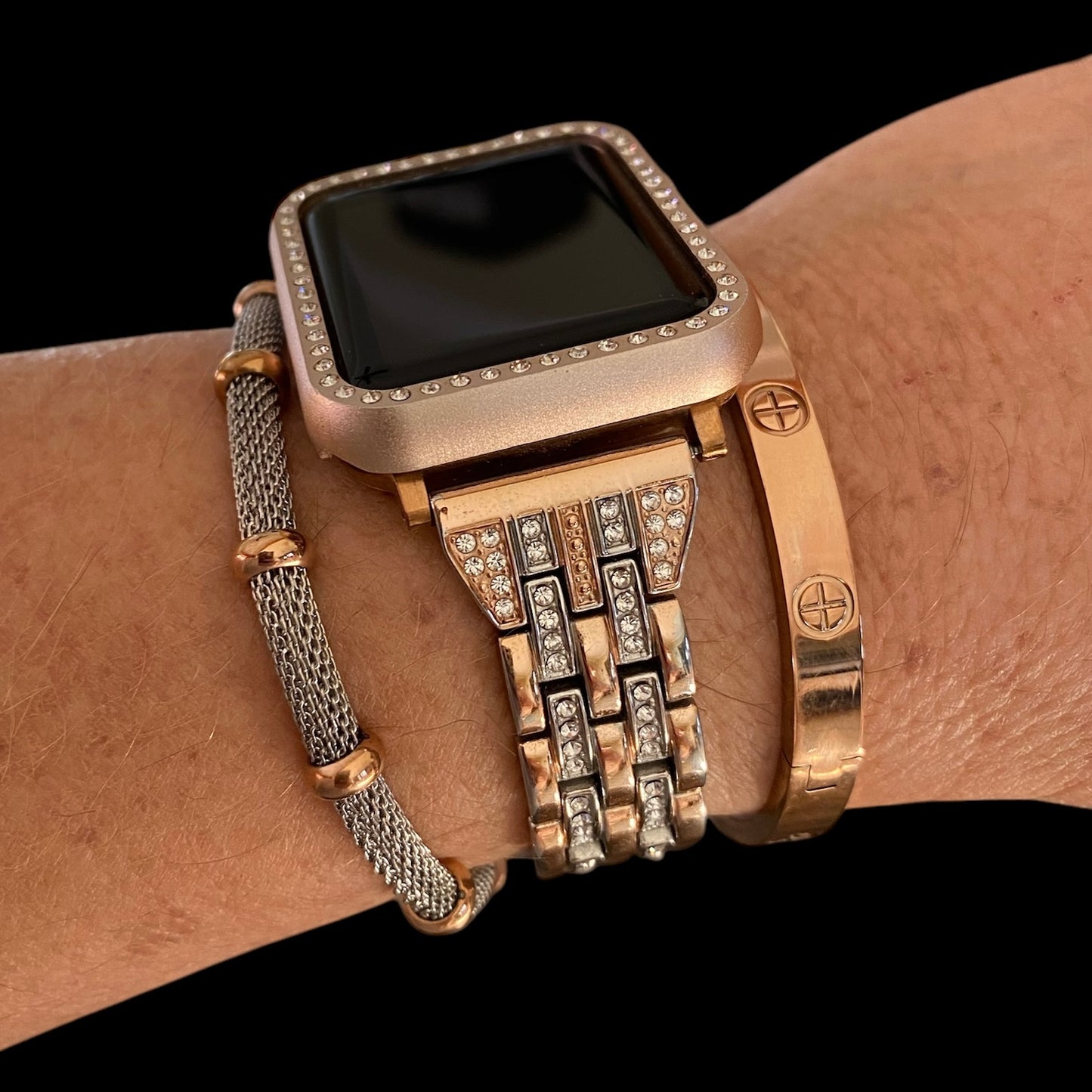 Stackable Rose Gold-Silver Bling Apple Watch Band With Silver-Rose Gold Bracelet