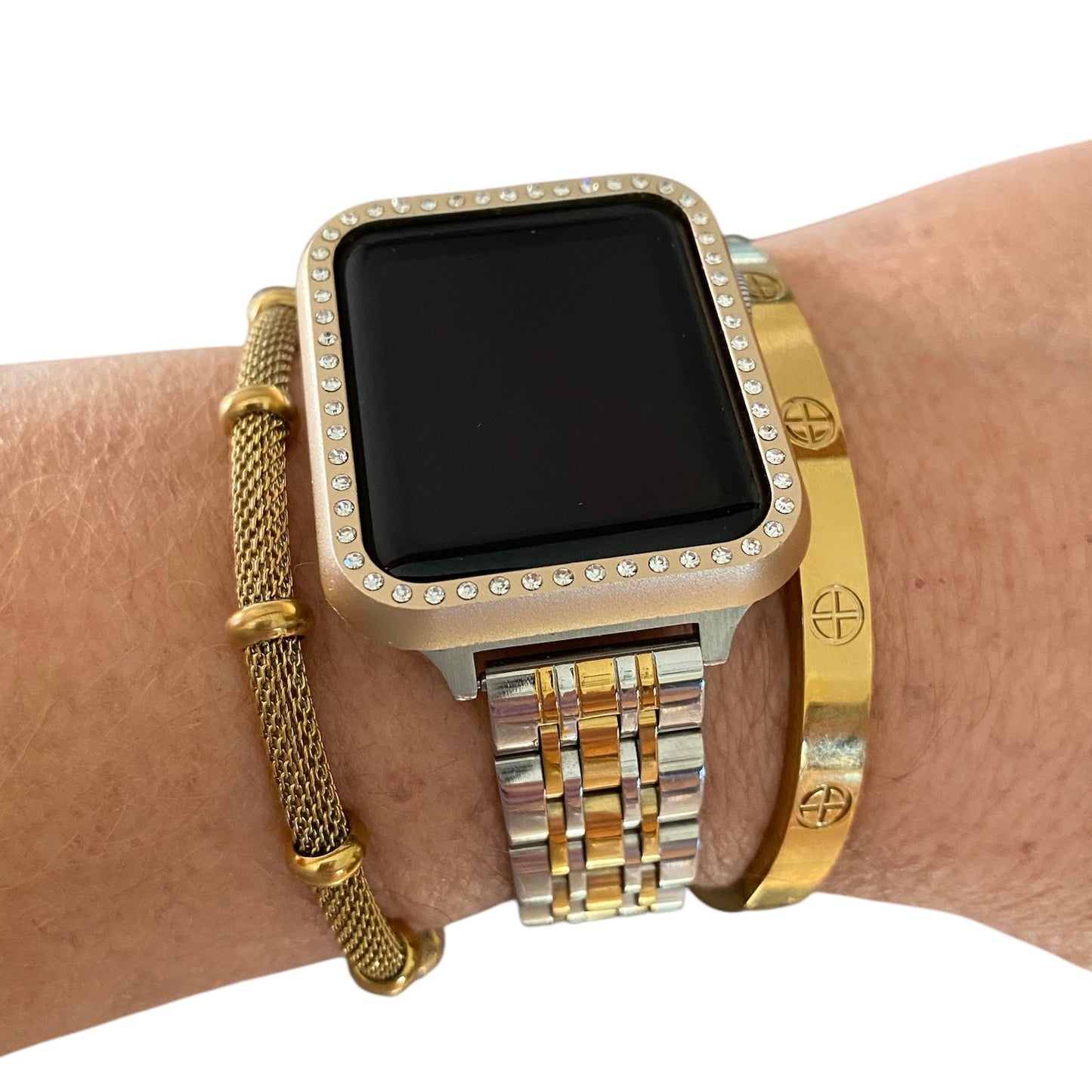 Stackable Silver-Gold Stainless Apple Watch Bands With Gold Bracelets