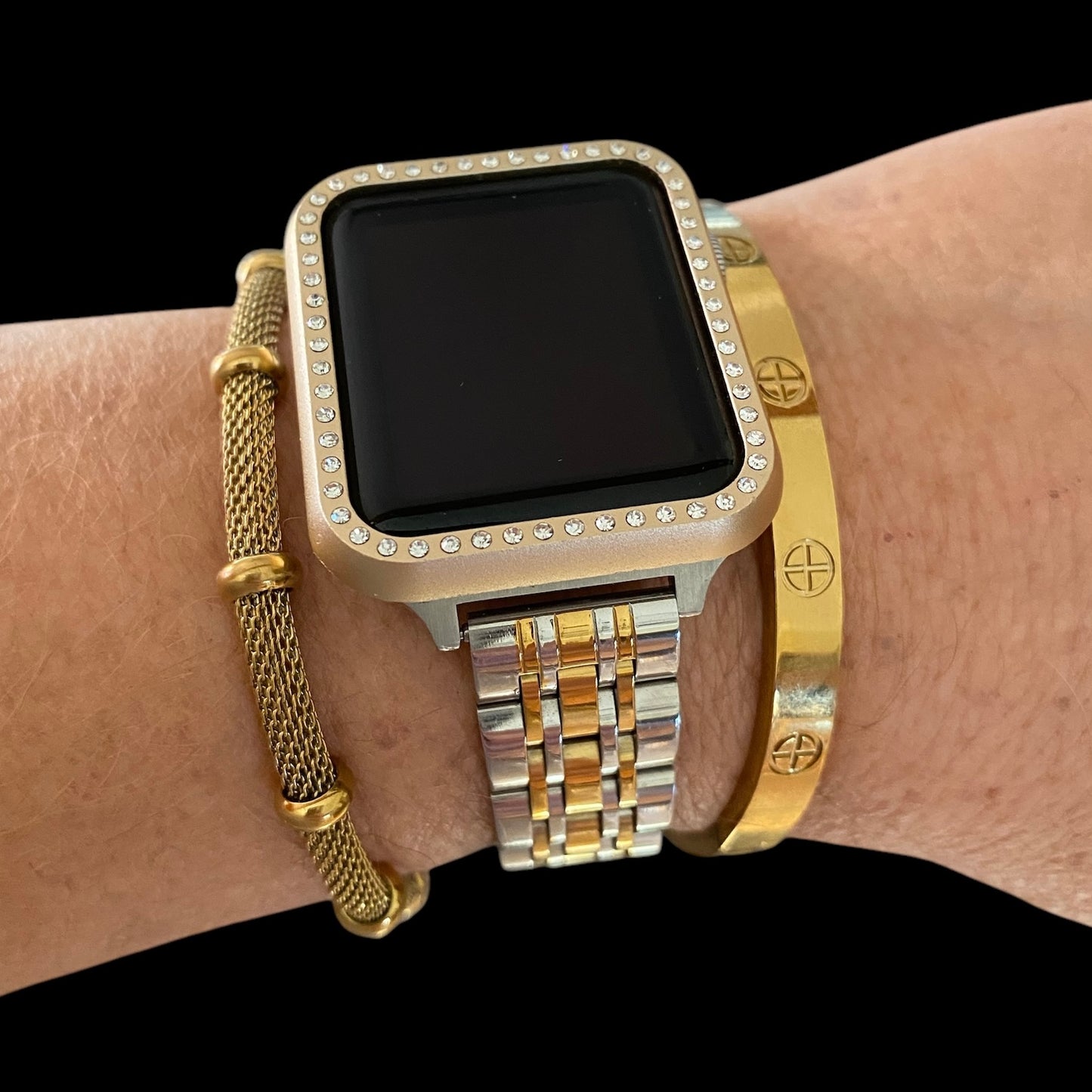 Stackable Silver-Gold Stainless Apple Watch Bands With Gold Bracelets