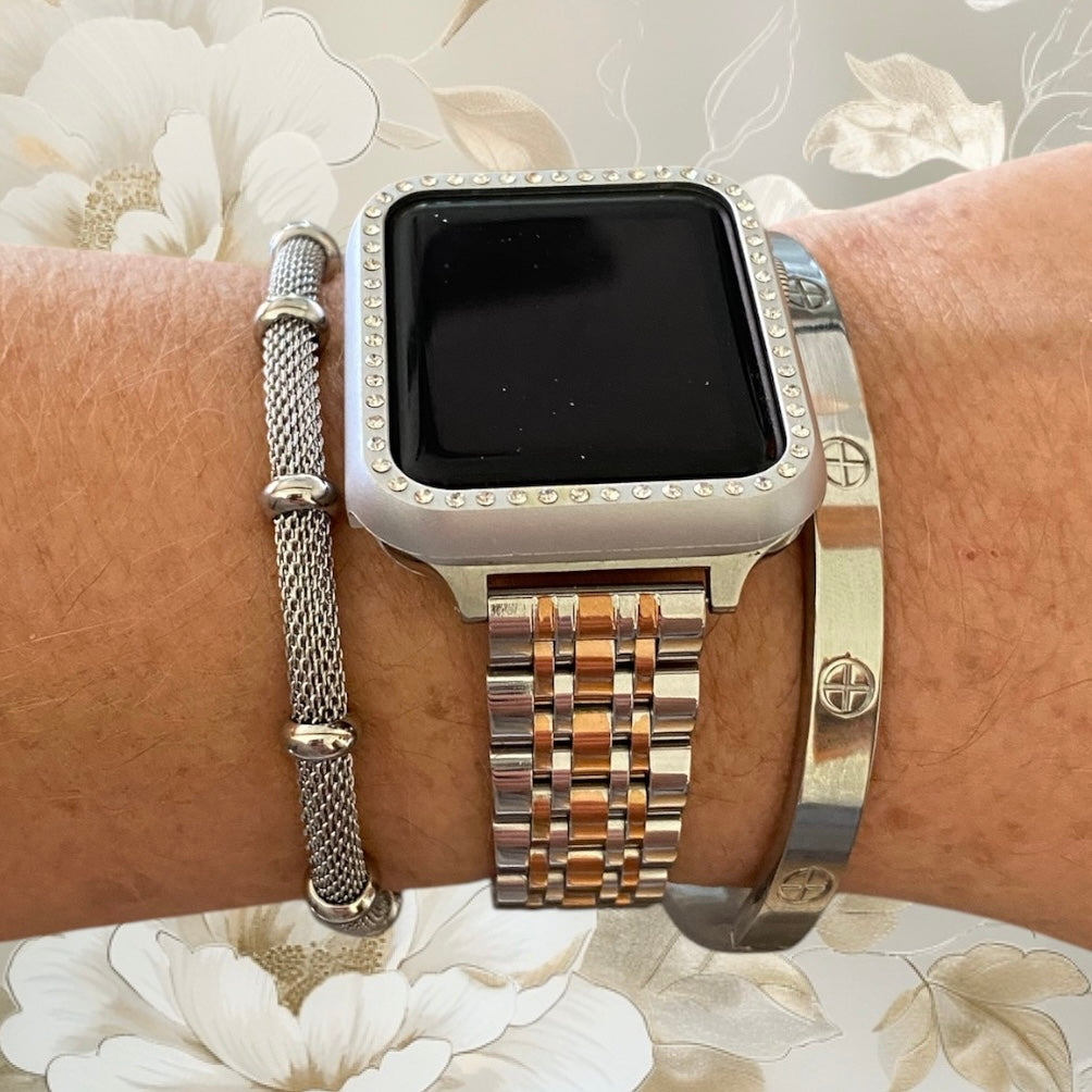 Stackable Silver-Rose Gold Stainless Apple Watch Bands With Silver Bracelets