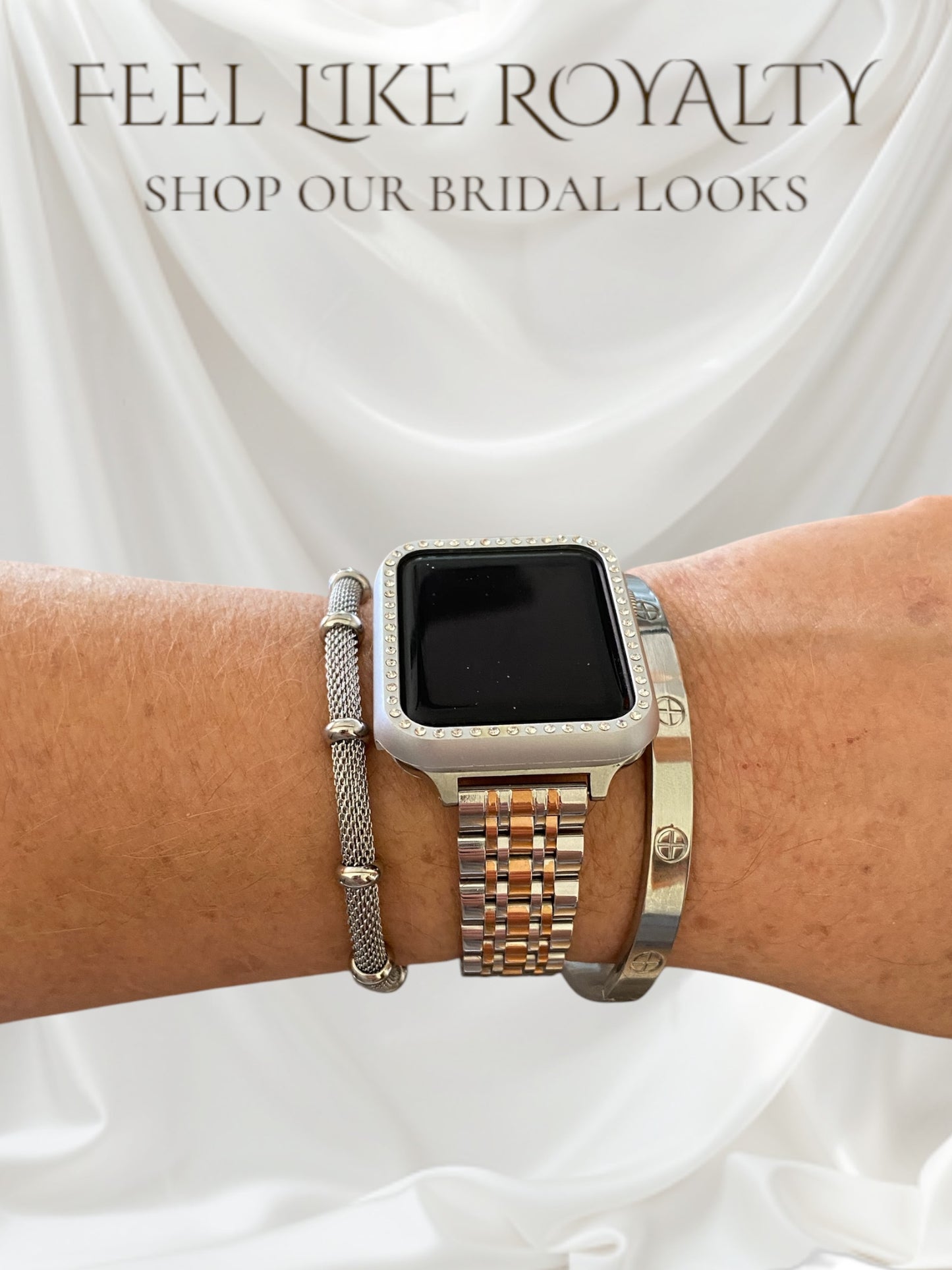 Stackable Silver-Rose Gold Stainless Apple Watch Bands With Silver Bracelets