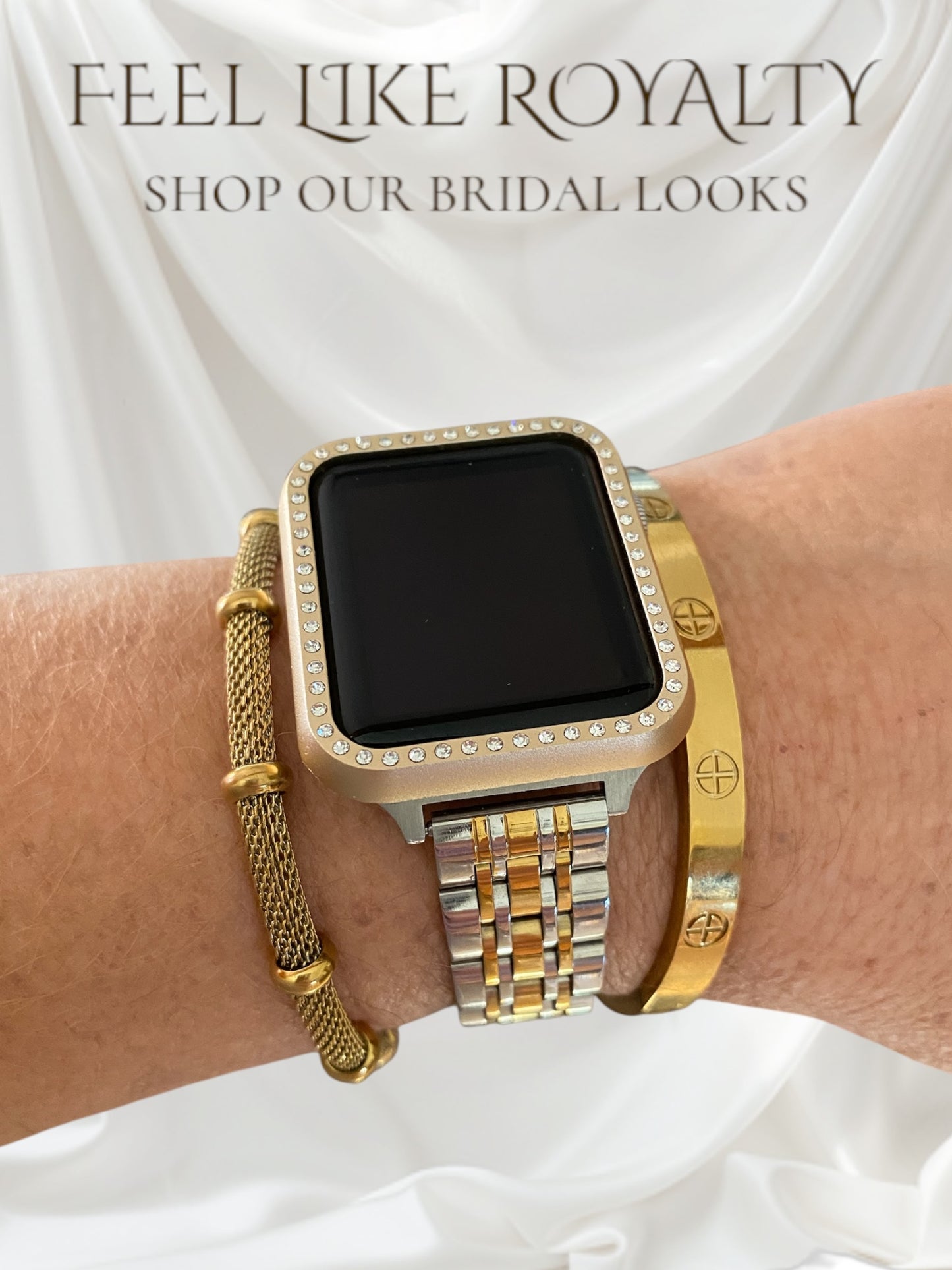 Stackable Silver-Gold Stainless Apple Watch Bands With Gold Bracelets