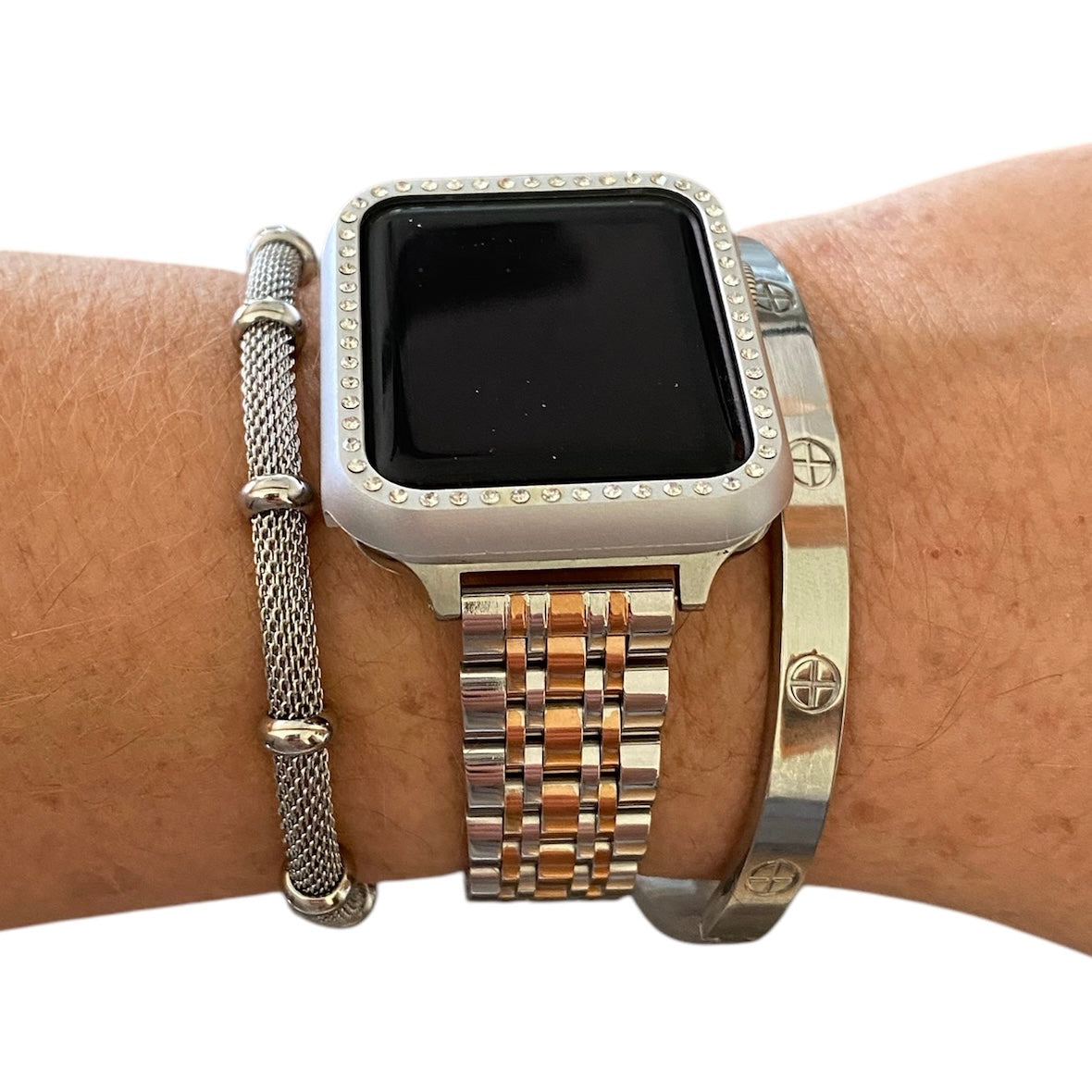 Stackable Silver-Rose Gold Stainless Apple Watch Bands With Silver Bracelets