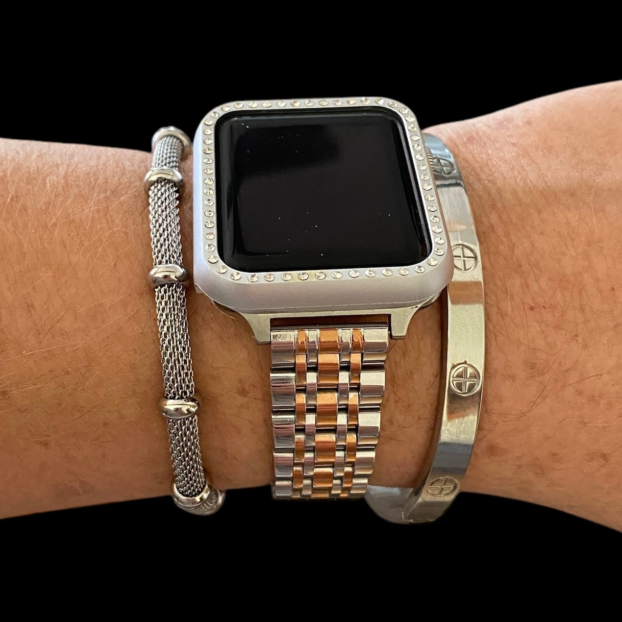 Stackable Silver-Rose Gold Stainless Apple Watch Bands With Silver Bracelets